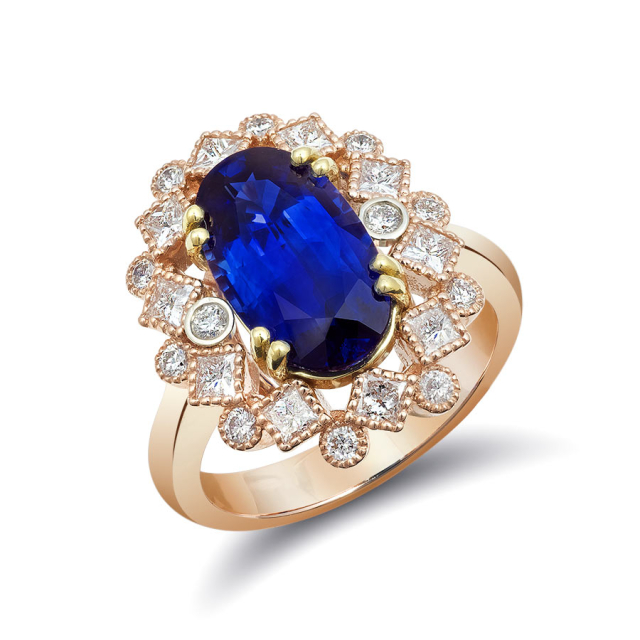Natural Blue Sapphire 4.05 carats set in 14K Rose and Yellow Gold Ring with 0.85 carats Diamonds / GIA Report