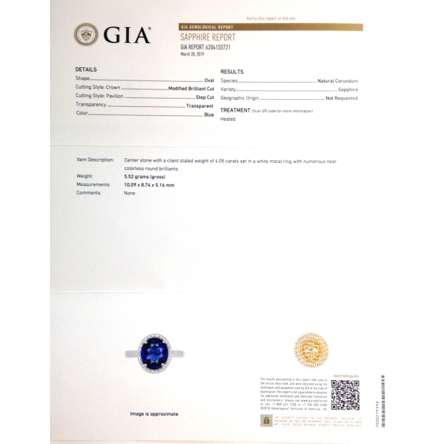 Natural Blue Sapphire 4.05 carats set in 18K White Gold Ring with 0.23 carats Diamonds / GIA Report
