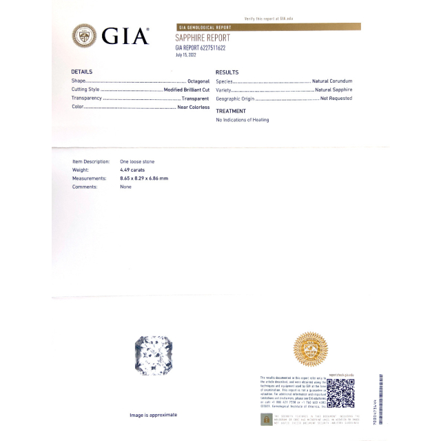 Natural Unheated White Sapphire 4.49 carats with GIA Report