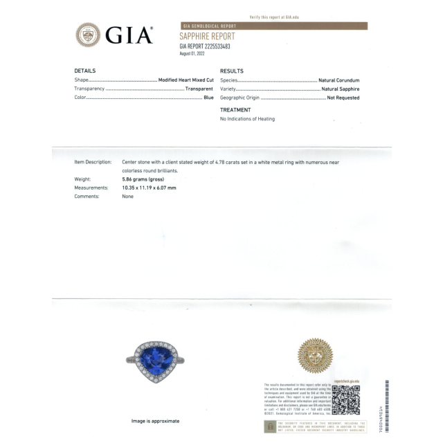 Unheated Blue Sapphire 4.78 carats set in 18K White Gold Ring with 0.53 carats Diamonds  / GIA Report