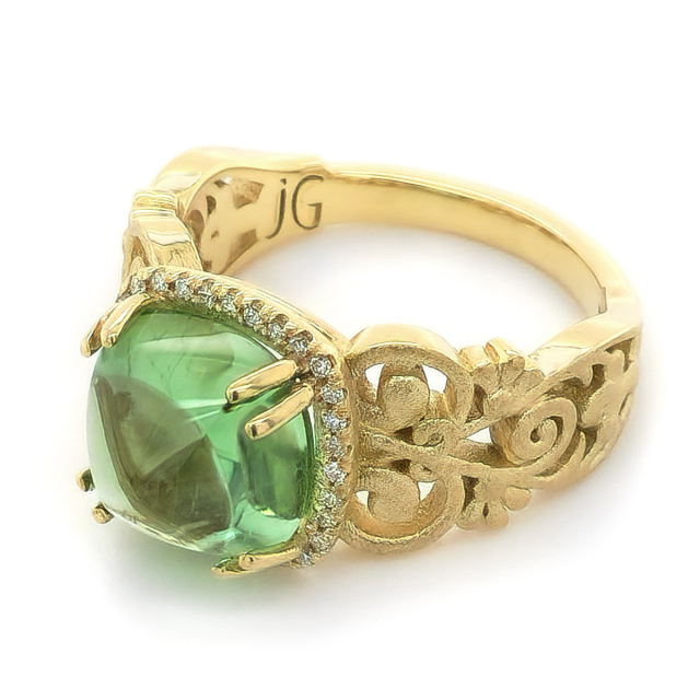 Natural Sugarloaf Green Tourmaline 5.42 carats set in 18K Yellow Gold Ring with 0.14 carats Diamonds