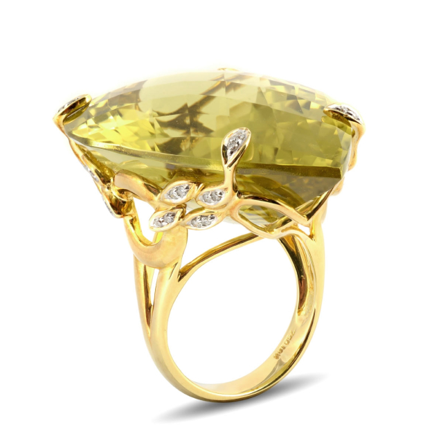 Natural Olive Green Quartz 62.87 carats set in 18K Yellow Gold Ring with 0.16 carats Diamonds