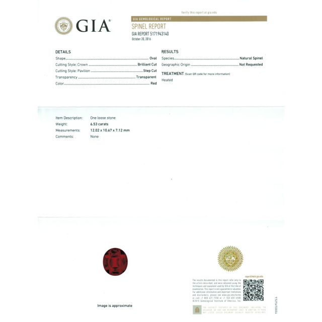 Natural Red Spinel red color oval shape 6.53 carats with GIA Report