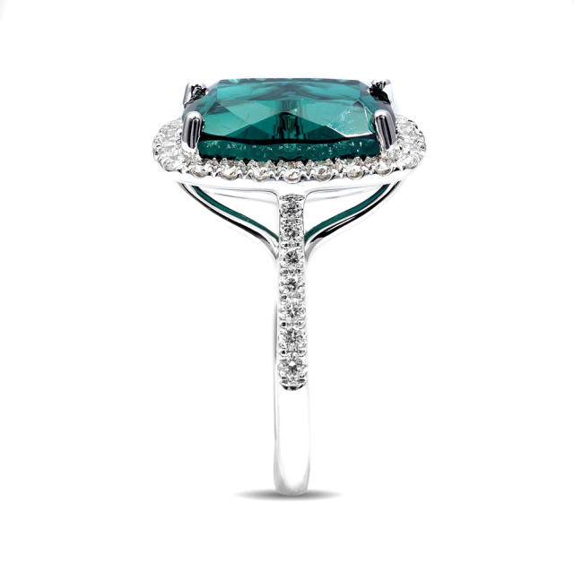 Natural Green Tourmaline 6.86 carats set in 14K White Gold Ring with 0.60 carats Diamonds