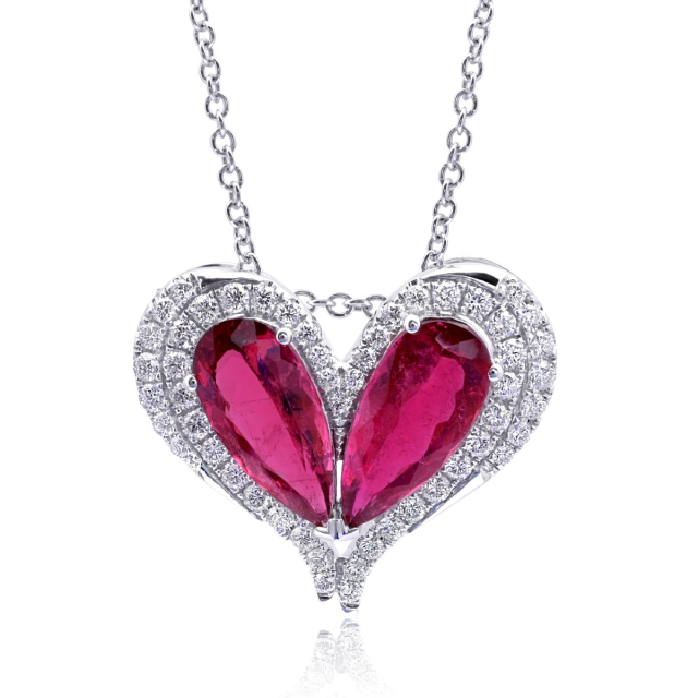 Natural Rubellites 6.93 carats set in 14K White Gold Pendant with 1.39 carats Diamonds