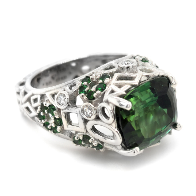 Natural Green Tourmaline 8.21 carats set in 18K White Gold Ring with 0.15 carats Diamonds and 0.72 carats Accent Green Tourmalines