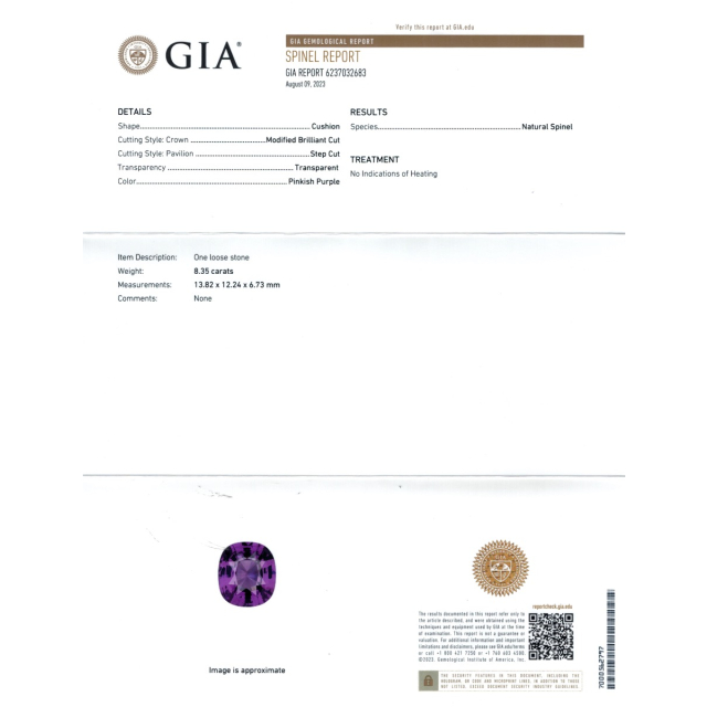 Natural Purple Spinel 8.35 carats with GIA Reports