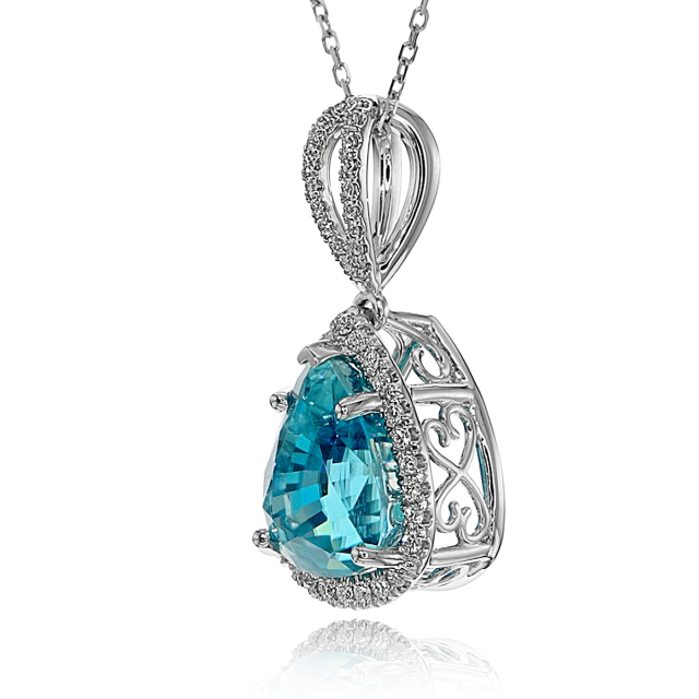 Natural Blue Zircon Pendant 8.43 carats with 0.16 carats Diamonds and 14K White Gold Chain