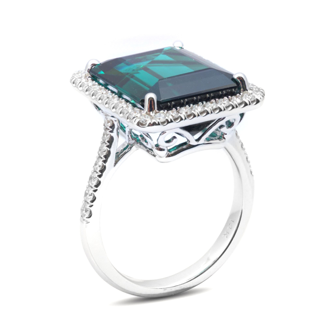 Natural Blue-Green Tourmaline 9.55 carats set in 14K White Gold Ring with 0.55 carats Diamonds 