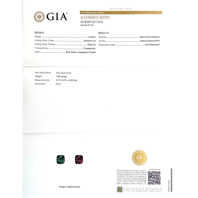 Natural Alexandrite 1.09 carats with GIA Report