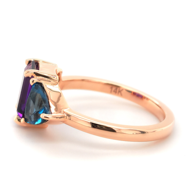 Natural Amethyst, Blue Topaz, Blue Sapphire, and Diamond 2.36 carats total weight set in 14K Rose Gold Ring