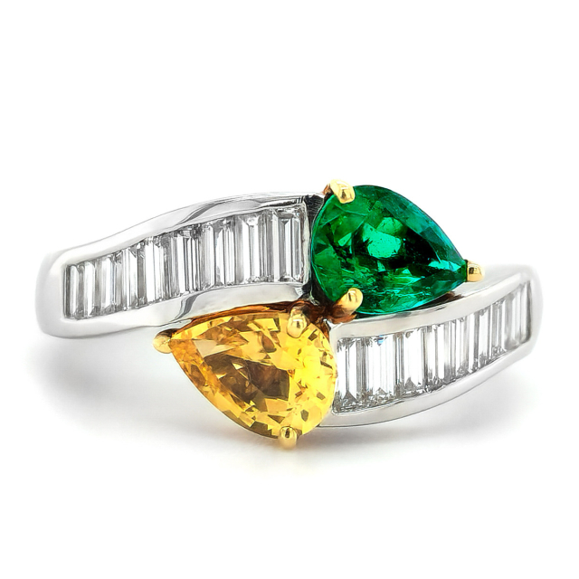 Natural Emerald 0.73 carats and Yellow Sapphire 0.72 carats set in Platinum Ring with 1.06 carats Diamonds / GIA Reports