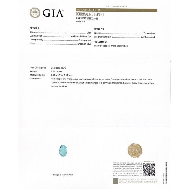 Natural Mozambique Paraiba Tourmaline 1.28 carats with GIA Report