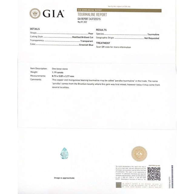 Natural Mozambique Paraiba Tourmaline 1.19 carats with GIA Report