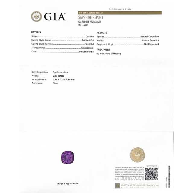 Natural Unheated Purple Sapphire 2.39 carats with GIA Report