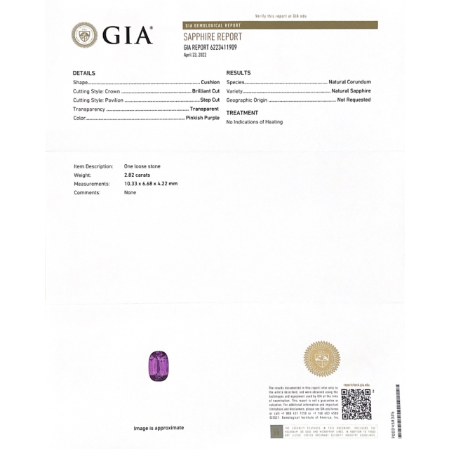 Natural Purple Sapphire 2.82 carats with GIA Report