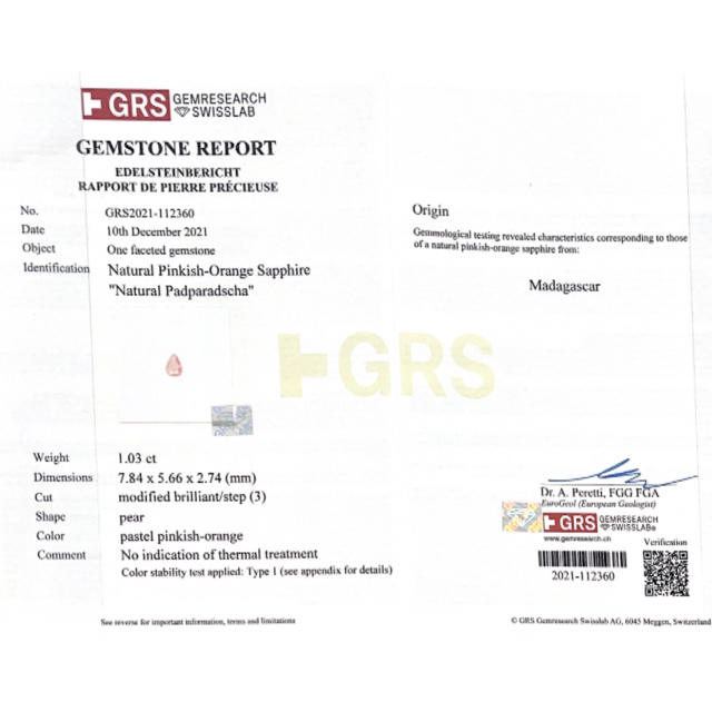 Natural Unheated Padparadscha Sapphire 1.03 carats with GRS Report