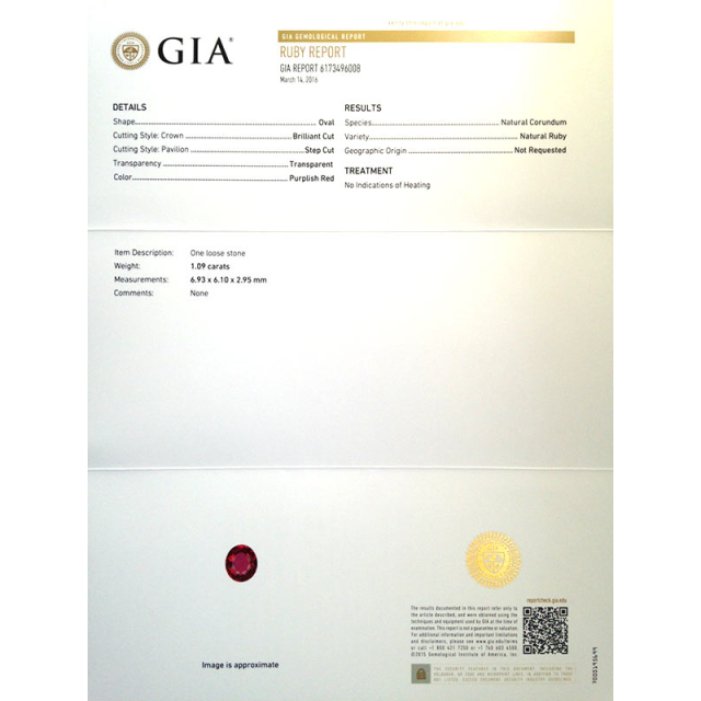 Natural Unheated Ruby 1.09 carats with GIA Report