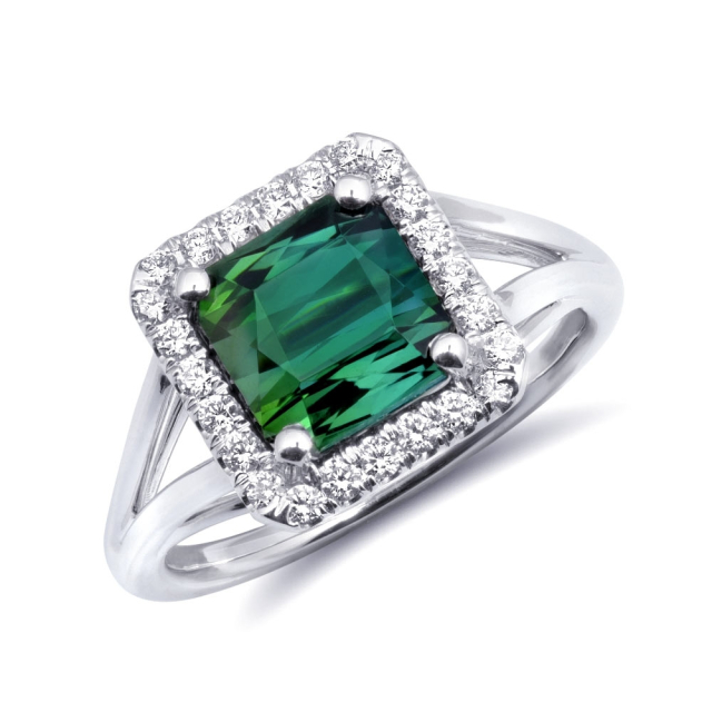 Natural Green Tourmaline 2.86 carats set in 14K White Gold Ring with 0.24 carats Diamonds 