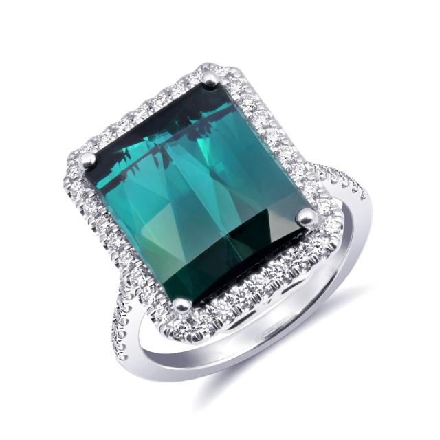 Natural Teal Blue-Green Tourmaline 8.19 carats set in 14K White Gold Ring with 0.46 carats Diamonds 