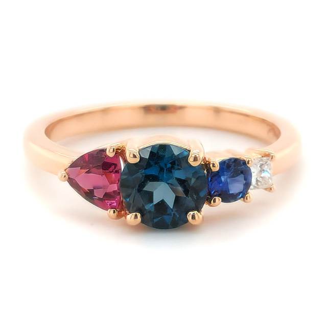 Natural Tourmaline, Rhodolite Garnet, Blue Sapphire, and Diamond 1.52 carats total weight set in 14K Rose Gold Ring