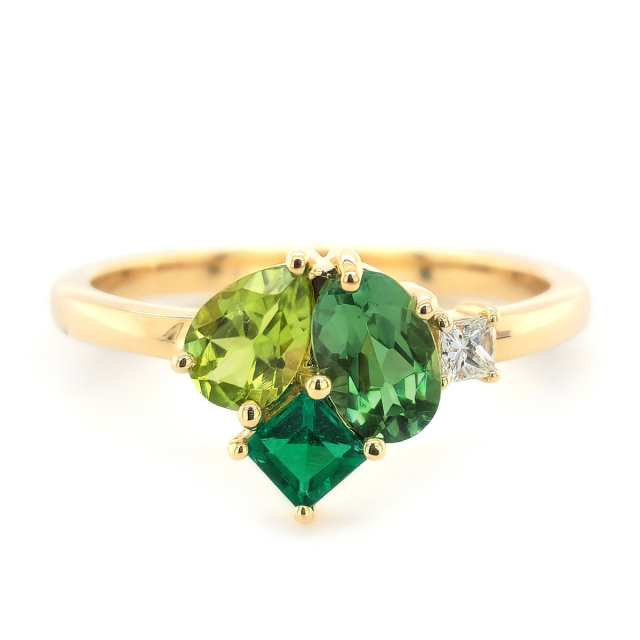 Natural Green Tourmaline, Peridot, Emerald, and Diamond 1.03 carats total weight set in 14K Yellow Gold Ring
