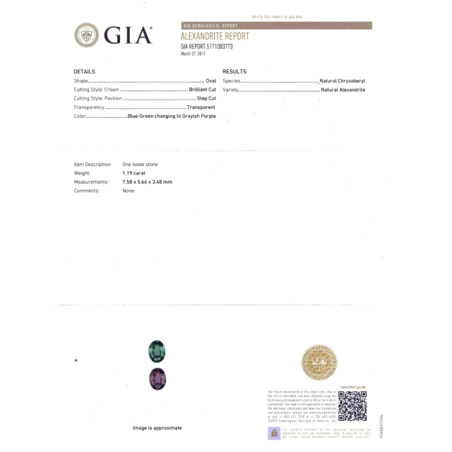 Natural Brazilian Alexandrite 1.19 carats set in Platinum Ring with 0.44 Carats Diamonds / GIA Report