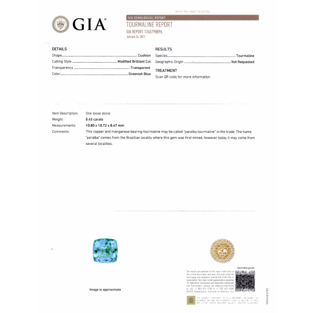 Natural Paraiba Tourmaline 8.45 carats set in Platinum Ring with 1.12 carats Diamonds / GIA Report