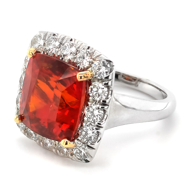 Natural Sri Lankan Intense Red-Orange Sapphire 12.12 carats set in 18K Two Tone Gold Ring with 1.32 carats Diamonds / GIA Report