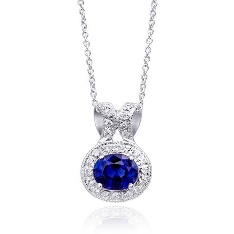 Natural Blue Sapphire 0.60 carats set in 14K White Gold Pendant with 0.10 carats Diamonds