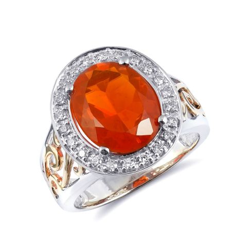 Natural Mexican Fire Opal 2.74 carats set in 14K White and Yellow Gold Ring with 0.22 carats Diamonds
