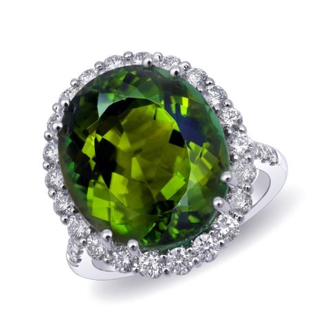 Natural Green Tourmaline 11.96 carats set in 18K White Gold Ring with 0.98 carats Diamonds