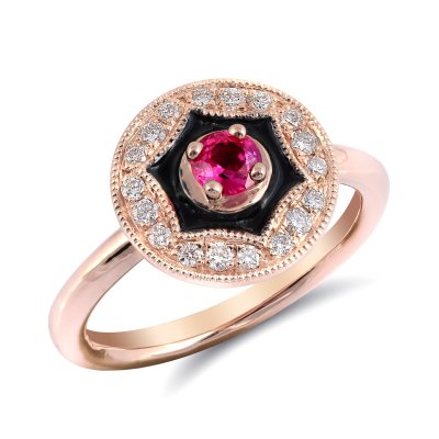 Natural Pink Sapphires 0.30 carats set with black enamel in 14K Rose Gold Ring with 0.24 carats Diamonds