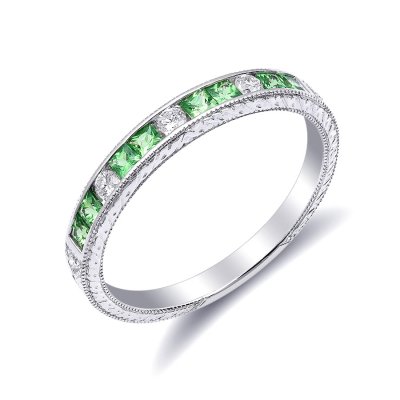 Natural Tsavorite 0.36 carats set in 18K White Gold Stackable Ring with 0.10  carats Diamonds