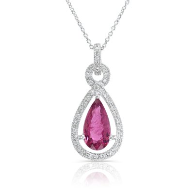 Natural Rubellite 0.56 carats set in 14K White Gold Pendant with 0.10 carats Diamonds