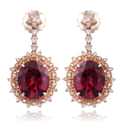 Natural Rhodolite Garnet 10.45 carats set in 14K Rose Gold Earrings with 0.80 carats Diamonds 