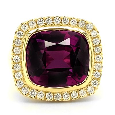 Natural Neon Purple Garnet 11.00 carats set in 18K Yellow Gold Ring with 0.53 carats Diamonds 