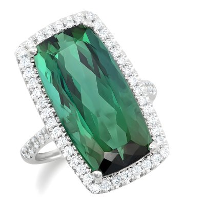 Natural Green Tourmaline 13.71 carats set in 14K White Gold Ring with Diamonds 0.64 carats