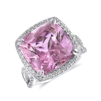 Natural Kunzite 14.01 carats set in 14K White Gold Ring with 0.76 carats Diamonds