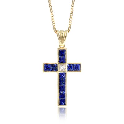 Natural Blue Sapphires 2.04 carats set in 18K Yellow Gold Pendant with Chain / 0.17 carats Diamonds