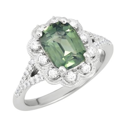 Natural Green Sapphire 2.26 carats in 14K White Gold with 0.25 carats Diamonds