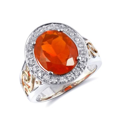 Natural Mexican Fire Opal 2.74 carats set in 14K White and Yellow Gold Ring with 0.22 carats Diamonds