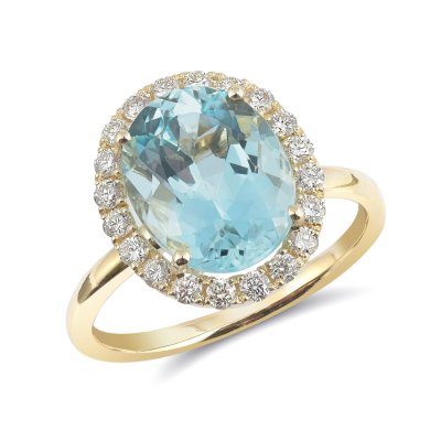 Natural Aquamarine 3.54 carats set in 14K Yellow Gold Ring with 0.38 carats Diamonds