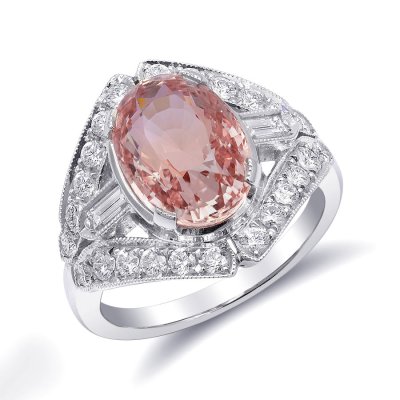 Natural Heated Padparadscha Sapphire 5.05 carats set in Platinum Art Deco Ring with 0.80 carats Diamonds / GRS Report