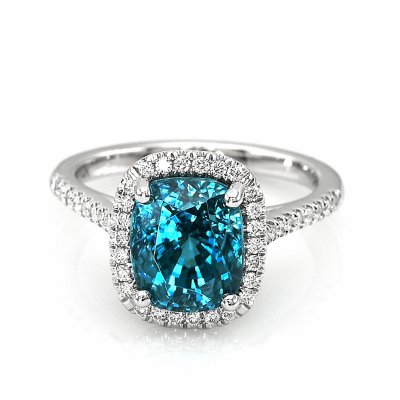 Natural Blue Zircon 7.12 carats set in 14K White Gold Ring with 0.26 carats Diamonds 