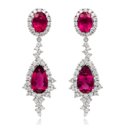 Natural Rubellites 8.27 carats set in 14K White Gold Earrings with 2.28 carats Diamonds 