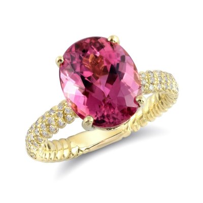 Natural Pink Tourmaline 4.96 carats set in 18K Yellow Gold Ring with 0.22 carats Diamonds 