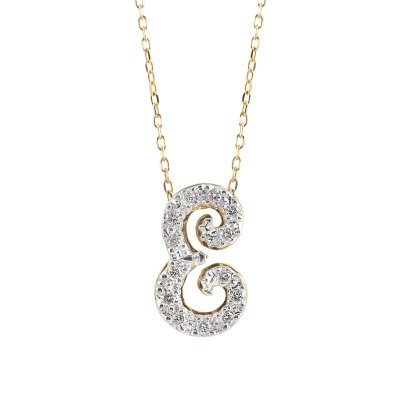 Initial "E" Pendant with Diamonds 0.14 carats, 14K White and Yellow Gold, 18" Chain