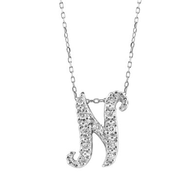 Initial "N" Pendant with Diamonds 0.13 carats, 14K White Gold, 18" Chain