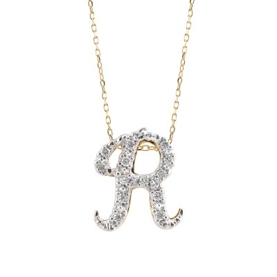 Initial "R" Pendant with Diamonds 0.13 carats, 14K White and Yellow Gold, 18" Chain